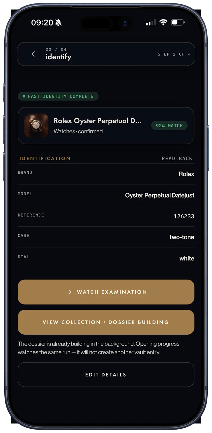 an iPhone 17 Pro Max running mavin: fast identity complete, 92% match, rolex datejust ref 126233